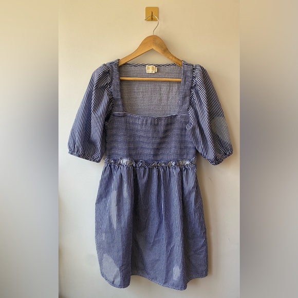 Nation LTD | Large Blue and White Striped 100% Pima Cotton Smocked Dress‎ - Picture 2 of 6